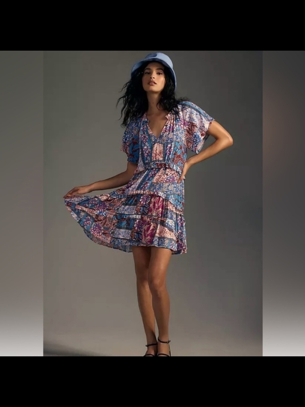 Anthropologie Blue & Pink Patchwork V-Neck Mini Dress